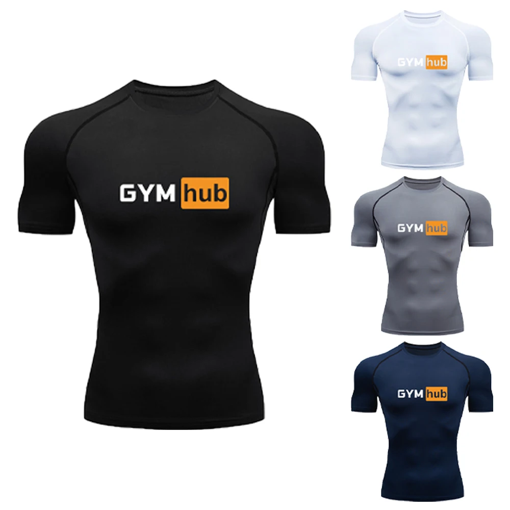 Outdoor Sport.Hub - ジムハブプリントメンズコンプレッションTシャツジムワークアウトスポーツ速乾タイトシャツアウトドアトレーニングフィットネス弾性トップスTシャツ