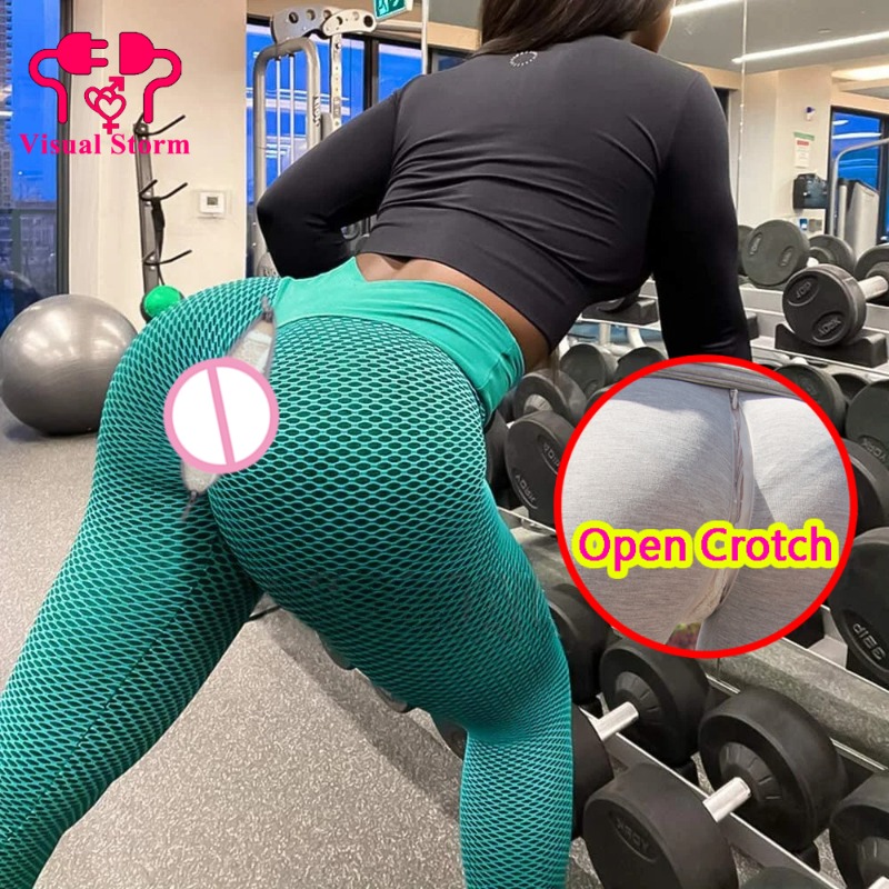 Outdoor Sport Leggings - 女性用セクシーオープンクロッチレギンス、隠しジッパー付きバットレギンス、フィットネススポーツパンティー、クロッチレスプッシュアップジムパンツ、アウトドアセックスエロティックウェア