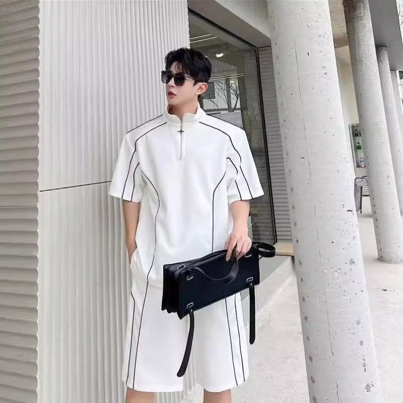 Outdoor Sportswear - 韓国風メンズスポーツウェアセット ルーズフィット ハーフジップTシャツ ショートパンツ カジュアルサマーアウトフィット トレンド