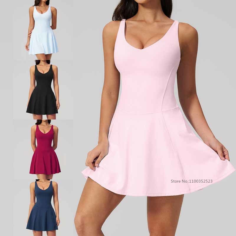 Outdoor Sport Dress - 女性用速乾ノースリーブスポーツドレス Vネックセクシーゴルフテニスドレス レディースジムサマープリーツヨガスカート ショートパンツ付き
