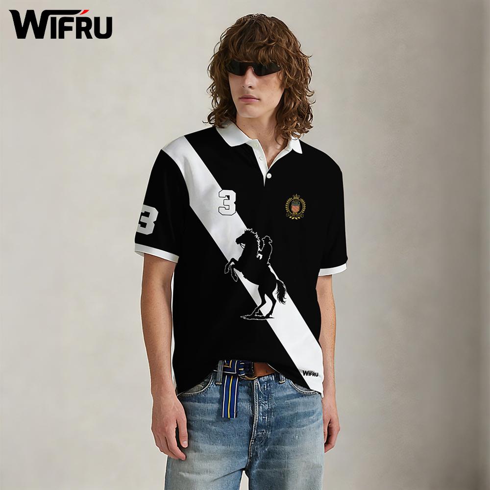Polo Shirt Equestrian - 新しい黒と白のストライプポロシャツメンズ WIFRU 夏馬術プリントカジュアルラペルトップアウトドアスポーツ通気性ゴルフシャツ