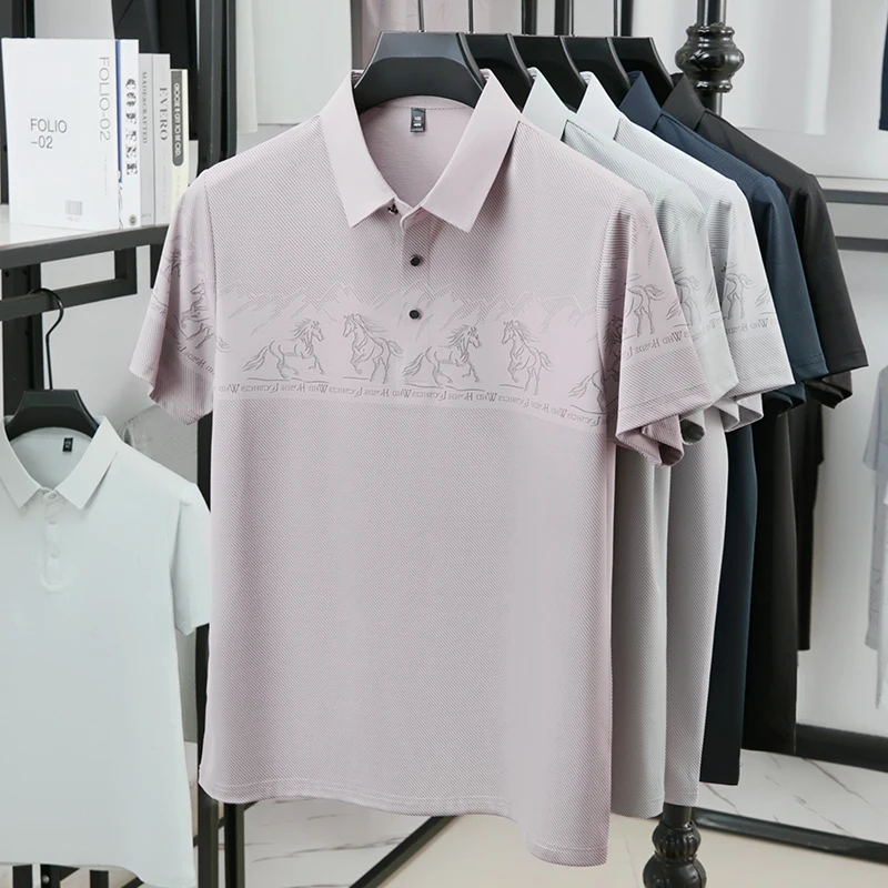 メンズハーフチェスト乗馬柄ポロTシャツ、襟付きストライプ生地 - Polo Shirt Equestrian のレビューと価格