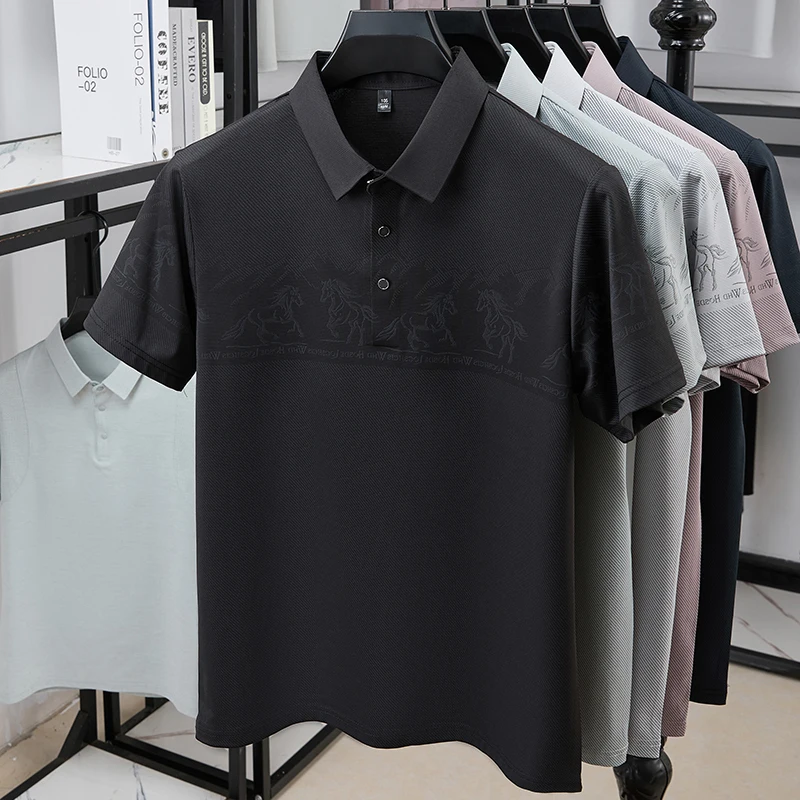 メンズハーフチェスト乗馬柄ポロTシャツ、襟付きストライプ生地 - Polo Shirt Equestrian のレビューと価格